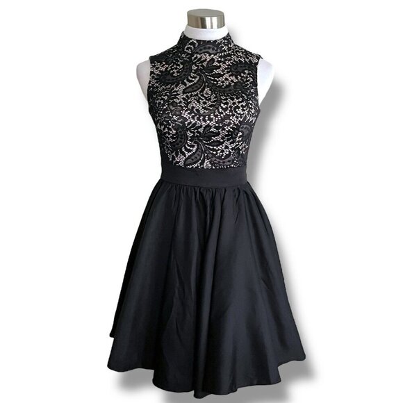 Chi Chi London for Modcloth Womens Dress Sz 2 Black Lace High Neck Fit & Flare - Picture 1 of 8